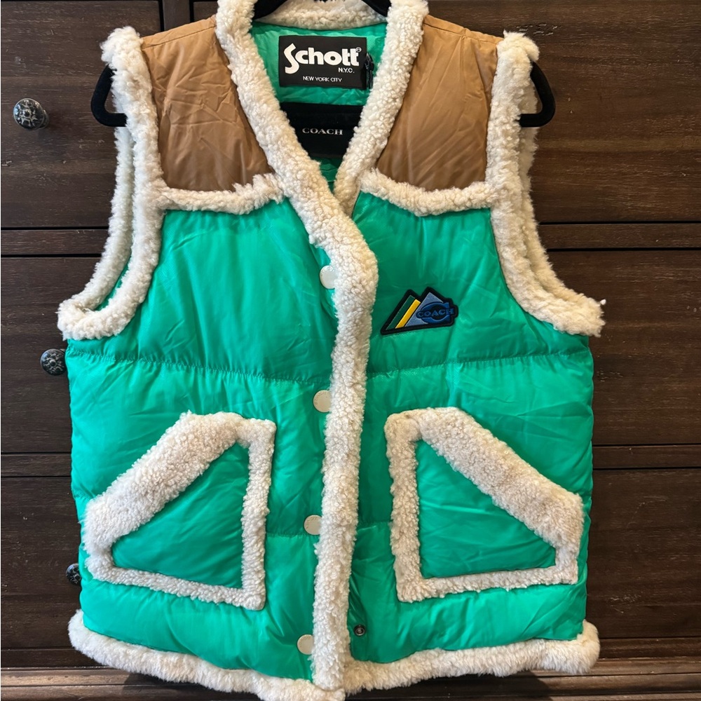CoachxSchottNYC Green and Tan Shearling Lamb Vest